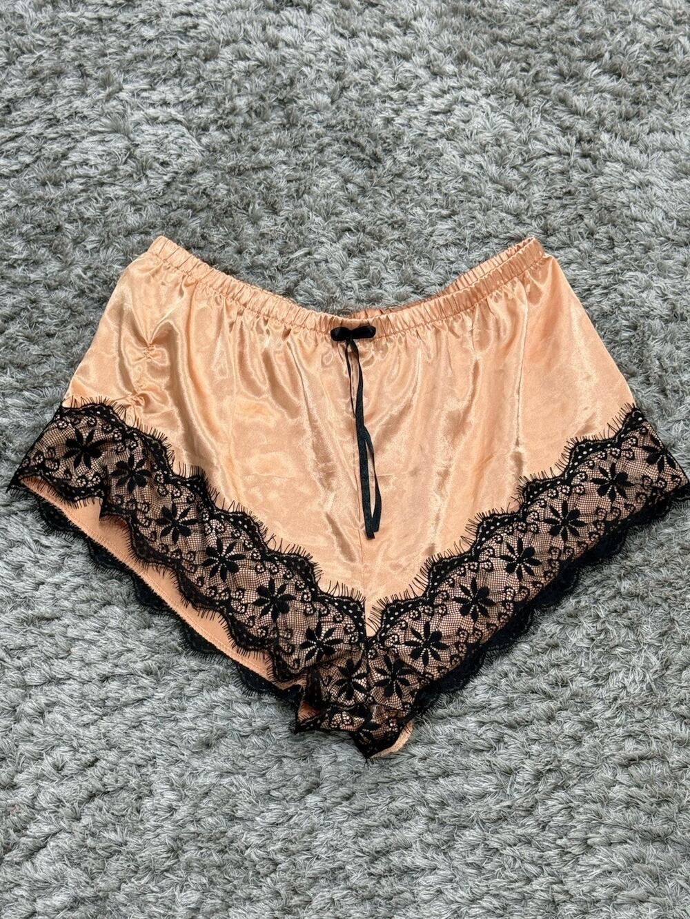 Women’s Satin Tap Shorts Black Lace Trim Lounge Sleep Pajama Pants Beige Size XL